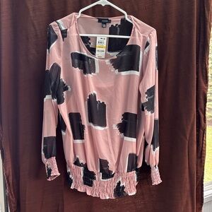 Alfani Pink Blouse with Black & White Brushstroke Print